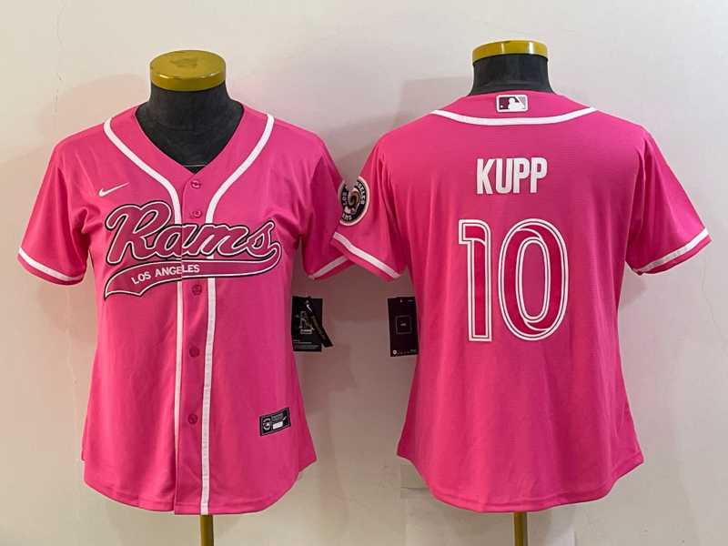 Women%27s Los Angeles Rams #10 Cooper Kupp Pink With Patch Cool Base Stitched Baseball Jersey